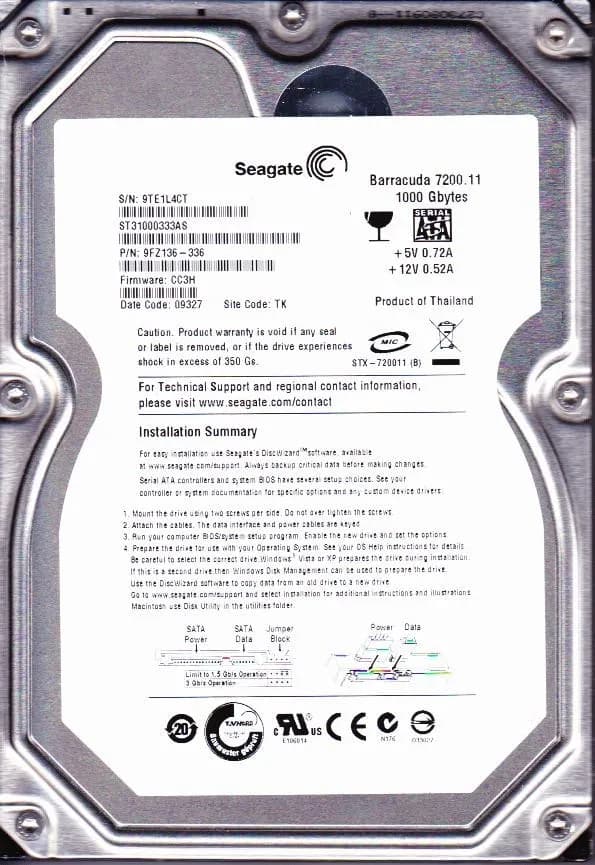 Seagate ST31000333AS 1TB 3Gb/s SATA 7200 3.5-inch 32MB Hard Drive