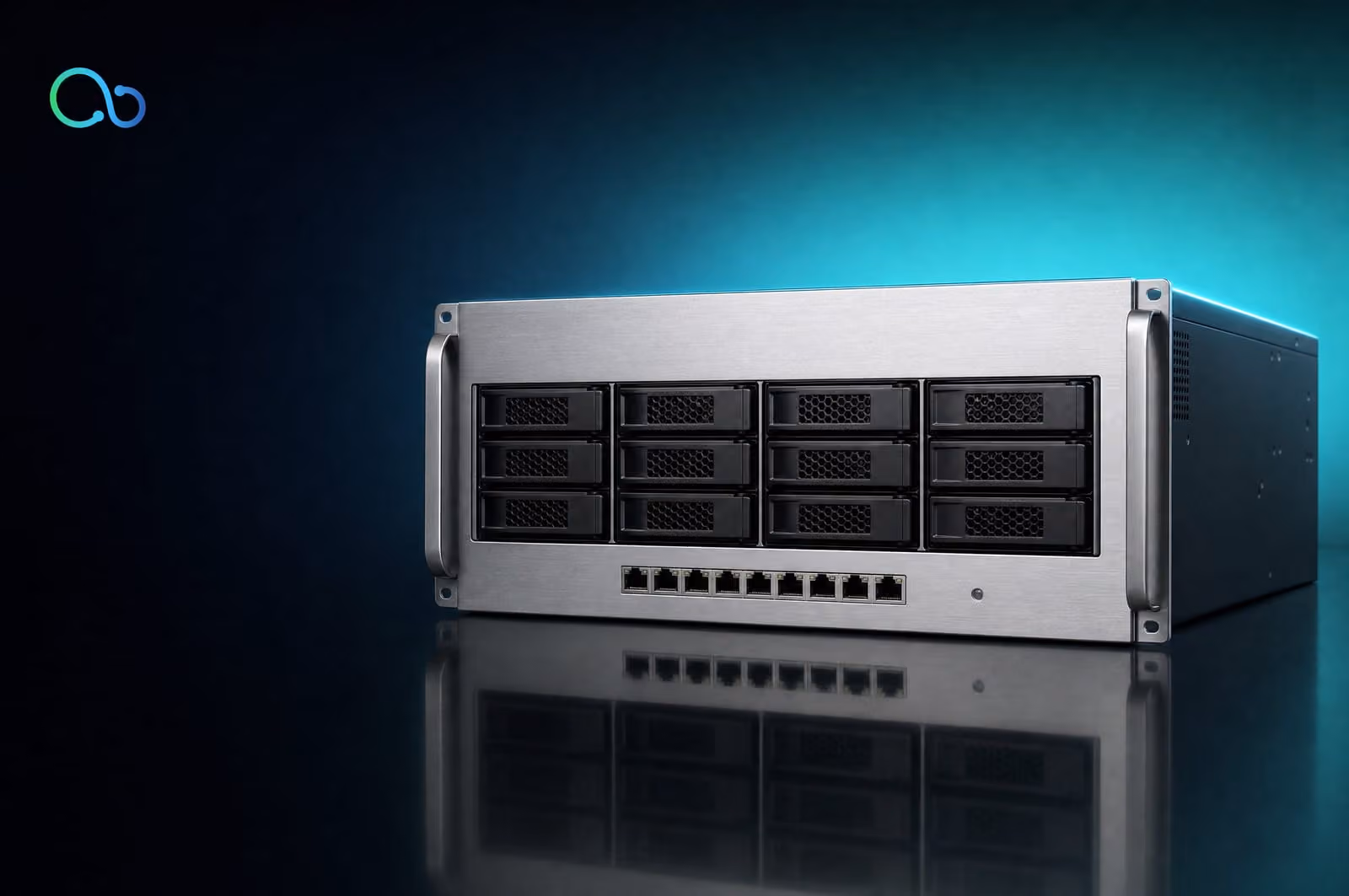 4U rack‑mount NAS unit with brushed aluminium front and eight RJ45 ports