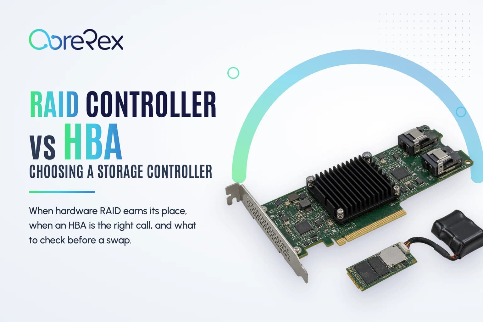 PCIe RAID controller card with a flash-backed cache module and supercapacitor