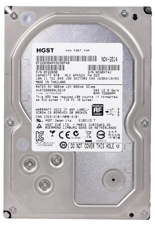 HUS726060AL5210 - HGST Ultrastar 7K6000 Series 6TB 7200RPM SAS 12Gb/s 128MB Cache 512e (Instant Secure Erase) 3.5-inch Hard Drive