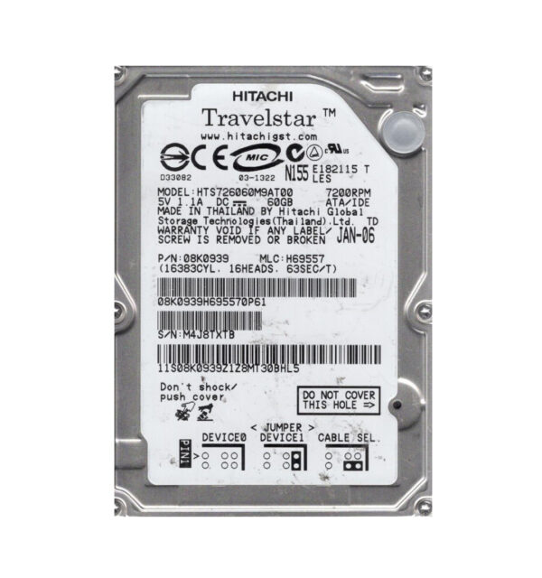 08K0939 - Hitachi 60GB 7200RPM IDE Ultra ATA/100 (ATA-6) 8MB Cache 44-Pin 2.5-inch Hard Drive