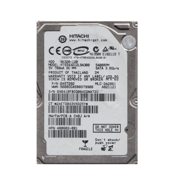 HTS543212L9A300 - Hitachi Travelstar 5K320 Series 120GB 5400RPM SATA 3Gb/s 8MB Cache (512) 7-Pin 2.5-inch Hard Drive