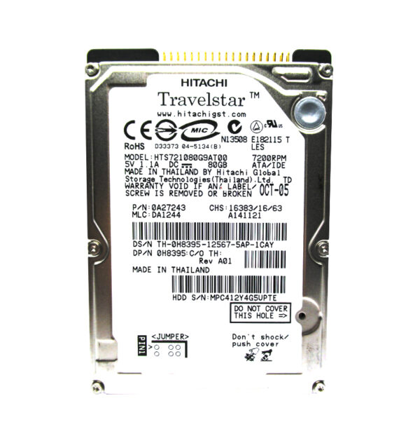 HTS721080G9AT00 - Hitachi Travelstar 7K100 Series 80GB 7200RPM IDE Ultra ATA/100 (ATA-6) 8MB Cache 512e 2.5-inch Hard Drive