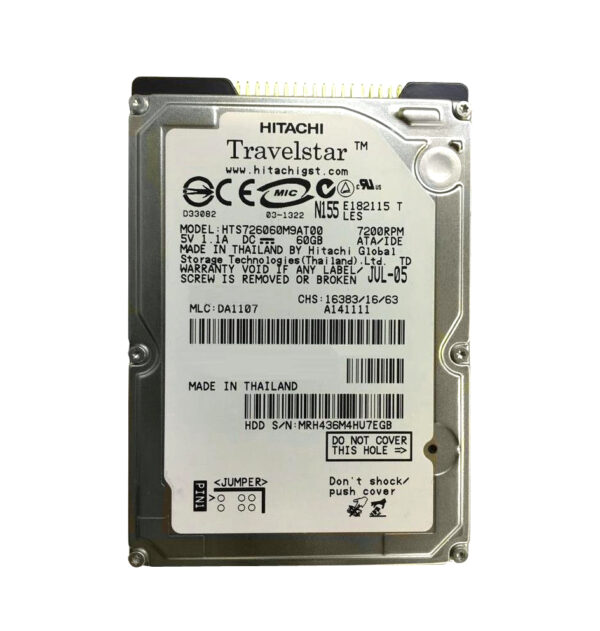 HTS726060M9AT00 - Hitachi Travelstar 7K60 Series 60GB 7200RPM IDE Ultra ATA/100 (ATA-6) 8MB Cache (512) 44-Pin 2.5-inch Hard Drive