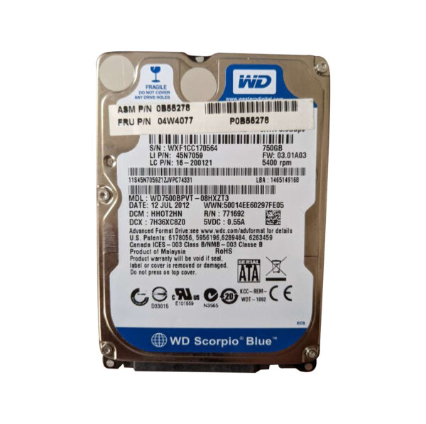 04W4077 - Lenovo 750GB 5400RPM SATA 3Gb/s 8MB Cache 2.5-Inch Hard Drive for ThinkPad Edge E535