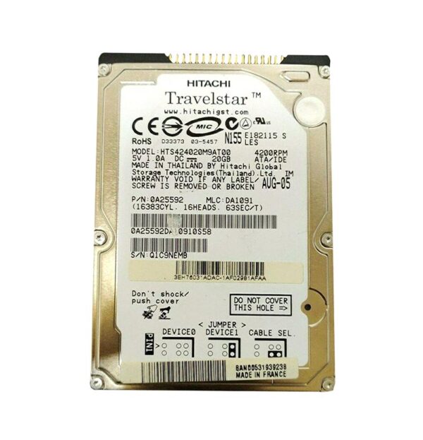 0A25592 - Hitachi Travelstar 4K40 Series 20GB 4200RPM IDE Ultra ATA/100 (ATA-6) 2MB Cache 2.5-inch Hard Drive