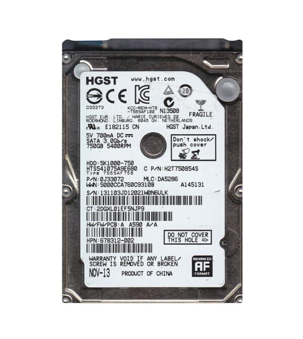 0J33072 - HGST Travelstar 5K1000 Series 750GB 5400RPM SATA 6Gb/s 8MB Cache 512e 2.5-inch Hard Drive
