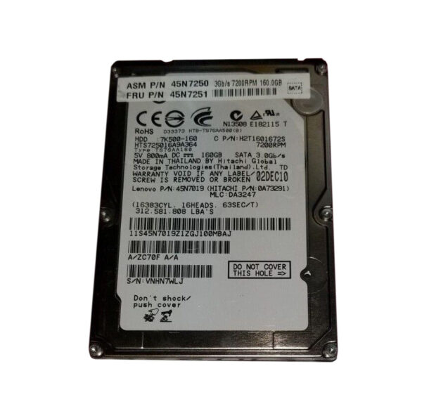 H2T1601672S - Hitachi Travelstar 7K500 Series 160GB 7200RPM SATA 3Gb/s 16MB Cache 512e 2.5-inch Hard Drive