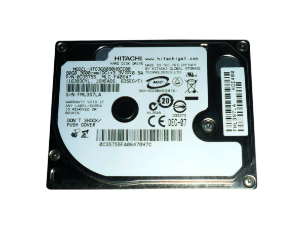 HTC368080H8CE00 - Hitachi Travelstar C3K80 Series 80GB 3600RPM IDE Ultra ATA/33 (ATA-4) ZIF 128KB Cache 1.8-inch Hard Drive
