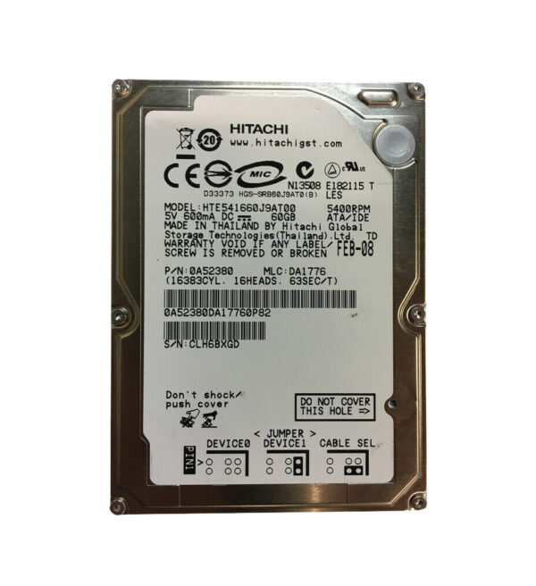 HTE541660J9AT00 - Hitachi Travelstar E5K160 Series 60GB 5400RPM IDE Ultra ATA/133 (ATA-7) 8MB Cache (512) 2.5-inch Hard Drive