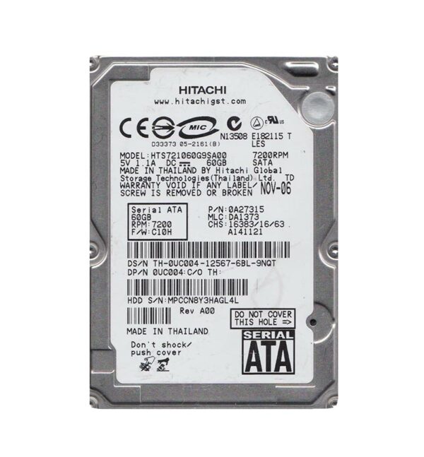 HTS721060G9SA00 - Hitachi Travelstar 7K100 Series 60GB 7200RPM SATA 1.5Gb/s 8MB Cache 512e 2.5-inch Hard Drive