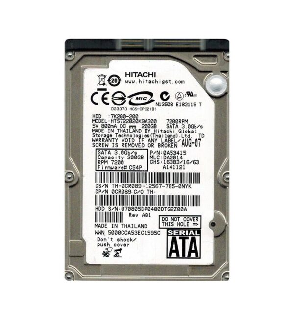 HTS722020K9A300 - Hitachi Travelstar 7K200 Series 200GB 7200RPM SATA 3Gb/s 16MB Cache 2.5-Inch Hard Drive