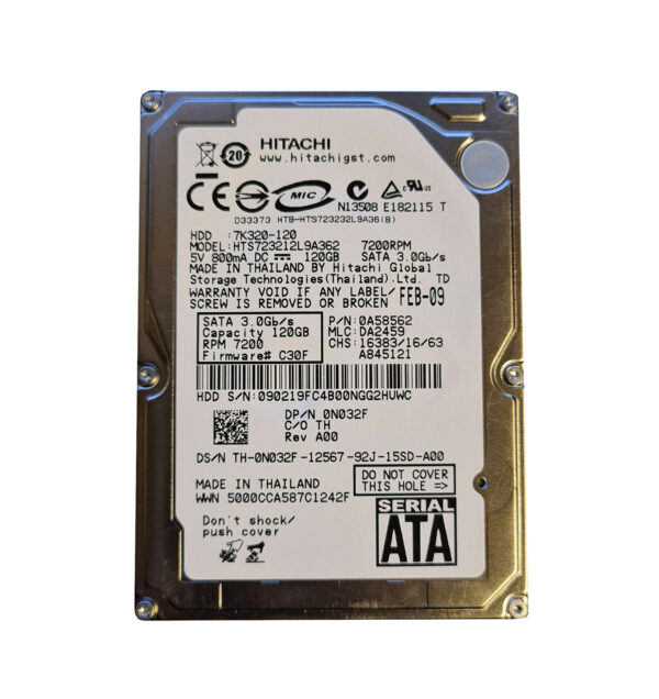 HTS723212L9A362 - Hitachi Travelstar 7K320 Series 120GB 7200RPM SATA 3Gb/s 16MB Cache (512) 2.5-inch Hard Drive