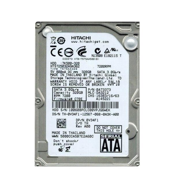 HTS725032A9A362 - Hitachi Travelstar 7K500 Series 320GB 7200RPM SATA 3Gb/s 16MB Cache 512e 2.5-inch Hard Drive